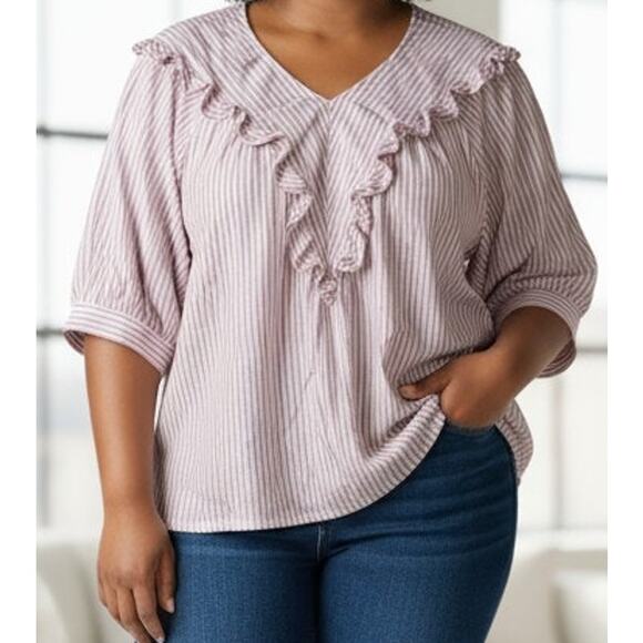 Terra & And Sky Shirt Womens Plus Size 3X 24W 26W Top Pink Purple Ruffle Front - Picture 1 of 5